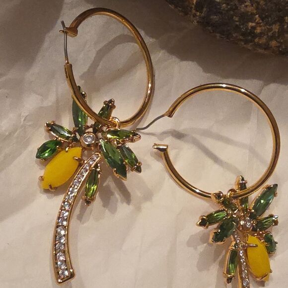New Betesy Johnson Gold and Green Tropical Coconut Tree Crystal Hoop Earrings - Picture 5 of 8